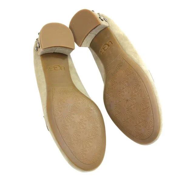 UGG Elise Tan Khaki Suede Penny Loafers Studded Heel Boho Chic Size 6.5 - Picture 11 of 11